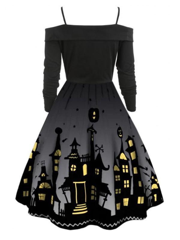 Women's Halloween Print Panel Contrast Flare Dress