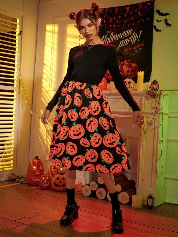 Women's Halloween Pumpkin Print Long Sleeve Swing Dress