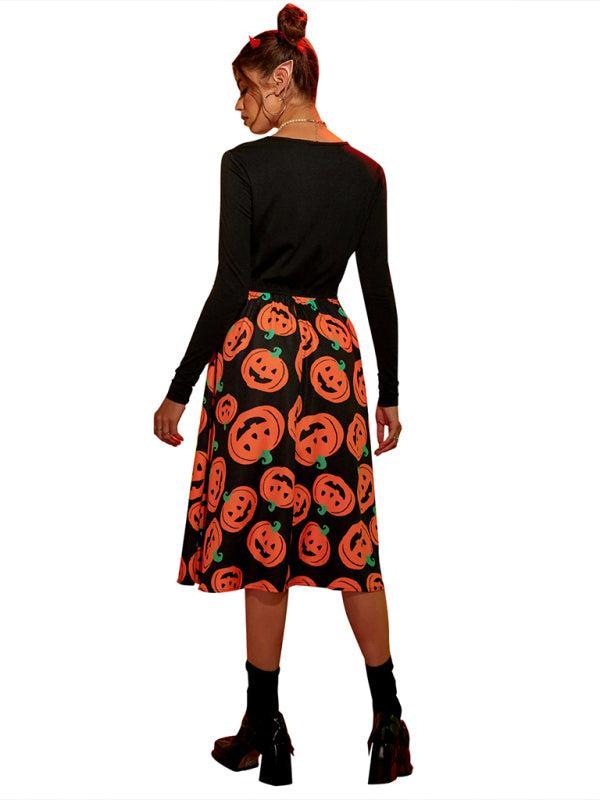 Women's Halloween Pumpkin Print Long Sleeve Swing Dress