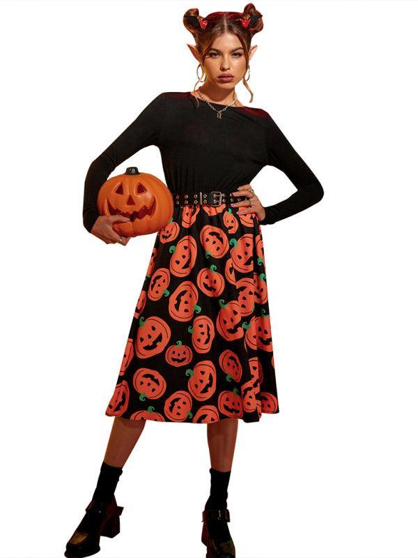 Women's Halloween Pumpkin Print Long Sleeve Swing Dress