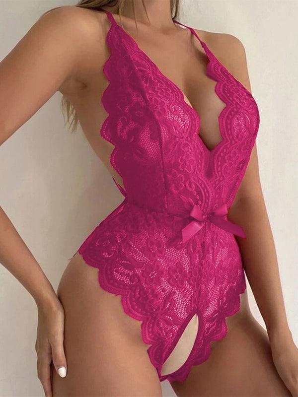 Women's Halter Neck Cross Over Strap Sexy Backless Lace Bodysuit