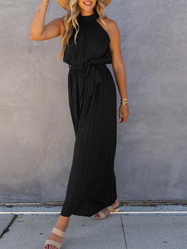 Women's Halter Neck Pleated Wide Leg Jumpsuit