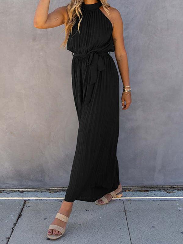 Women's Halter Neck Pleated Wide Leg Jumpsuit