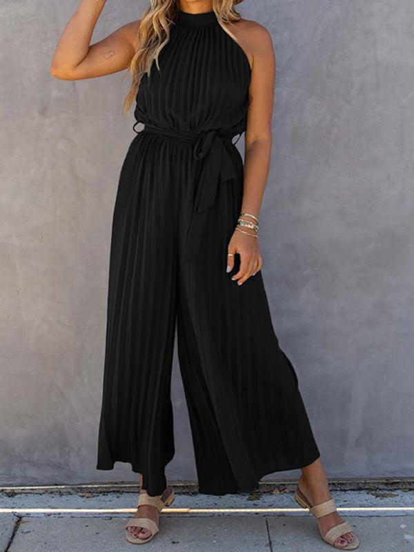 Women's Halter Neck Pleated Wide Leg Jumpsuit