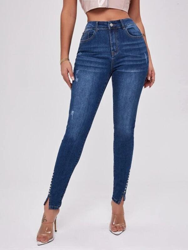 Women's High Waist Slit Jeans With Bead Trim
