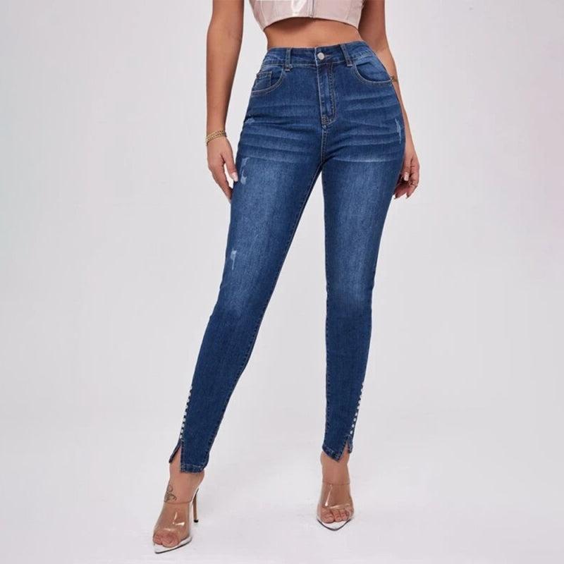 Women's High Waist Slit Jeans With Bead Trim
