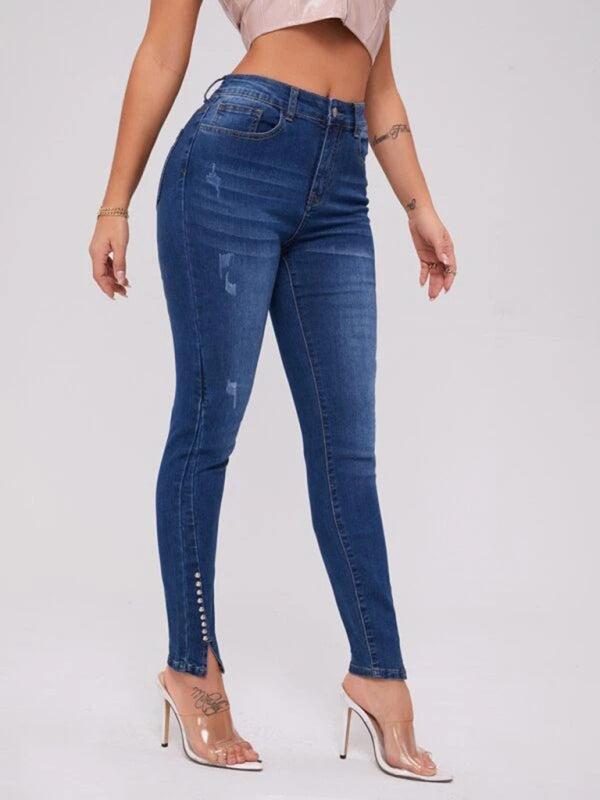 Women's High Waist Slit Jeans With Bead Trim