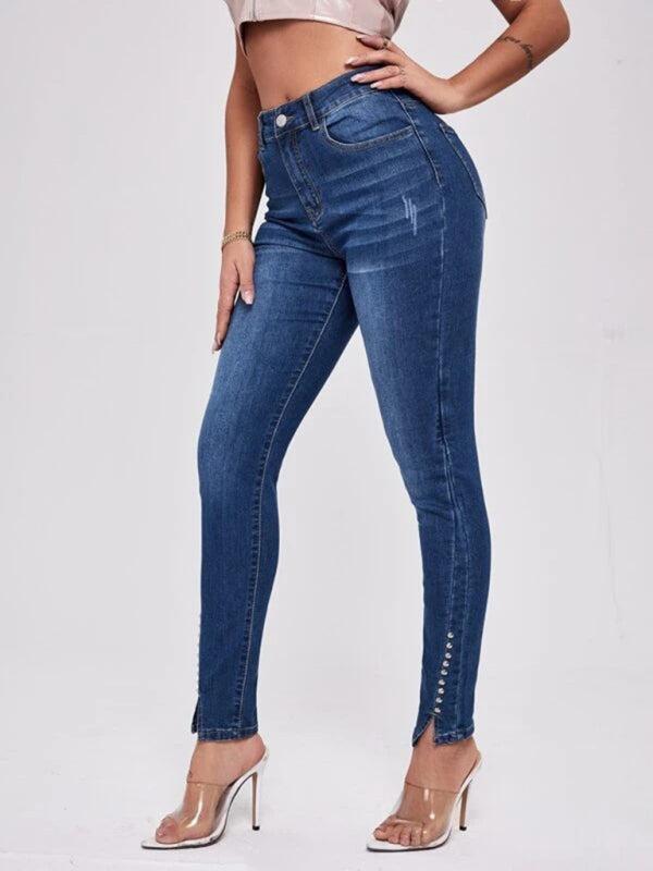 Women's High Waist Slit Jeans With Bead Trim