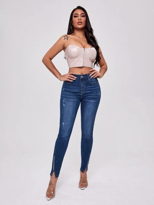 Women's High Waist Slit Jeans With Bead Trim