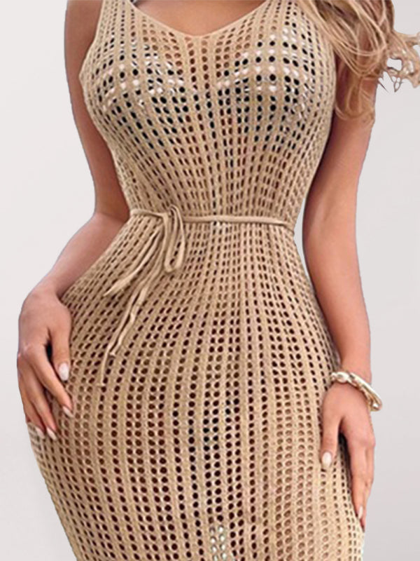 Women's Hollow Knit Floor Length Backless Beach Cover Up