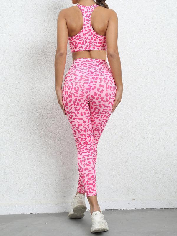 Women's Leopard Print Gym Set Including Racerback Crop Top And High Waist Leggings