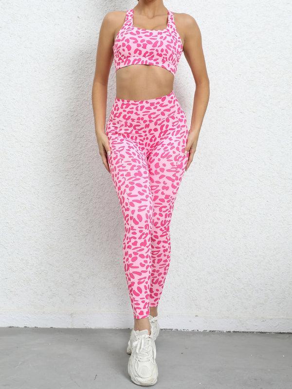 Women's Leopard Print Gym Set Including Racerback Crop Top And High Waist Leggings