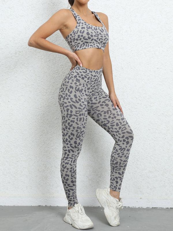 Women's Leopard Print Gym Set Including Racerback Crop Top And High Waist Leggings