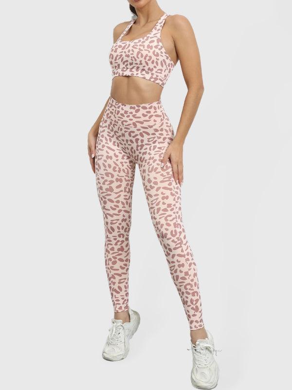 Women's Leopard Print Gym Set Including Racerback Crop Top And High Waist Leggings