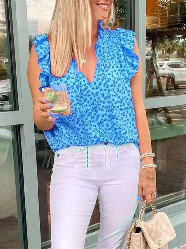 Women's Leopard Print Tie Neck Flutter Sleeve Blouse