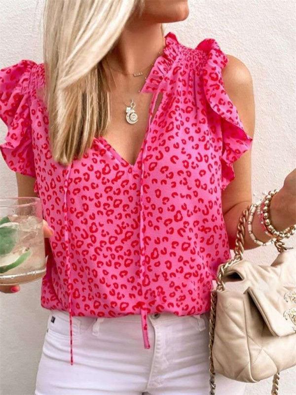 Women's Leopard Print Tie Neck Flutter Sleeve Blouse