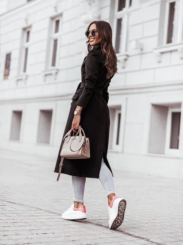 Women's Long Length Tie Waist Lapel Woolen Coat