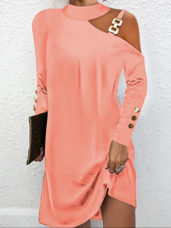 Women's Long Sleeve Knee Length Dress With Shoulder Buckle Detail