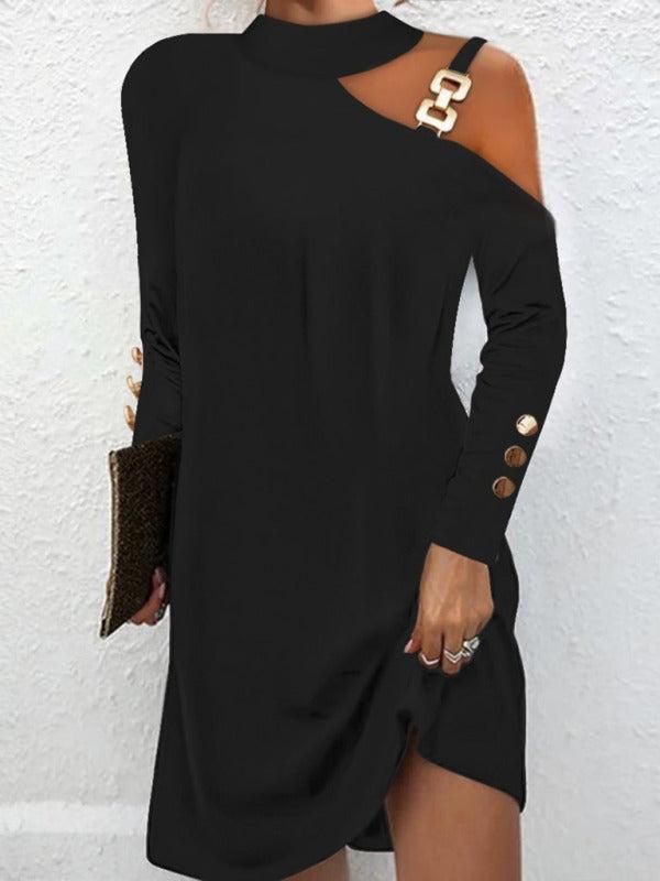 Women's Long Sleeve Knee Length Dress With Shoulder Buckle Detail