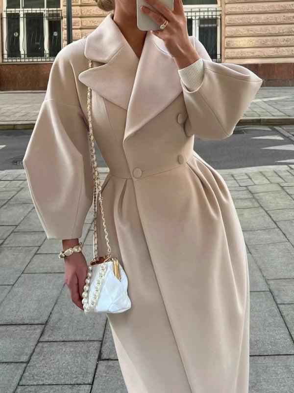 Women’s Long Statement Coat With Pleated Waist And Lantern Sleeves