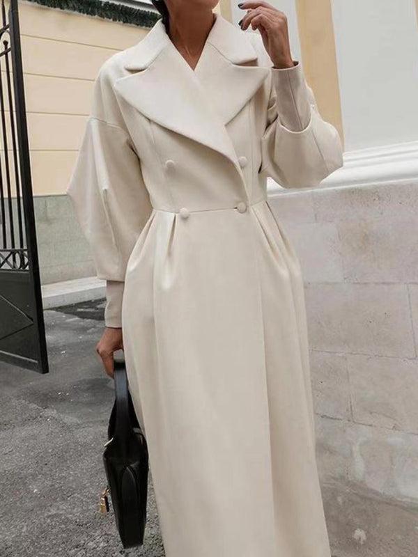 Women’s Long Statement Coat With Pleated Waist And Lantern Sleeves