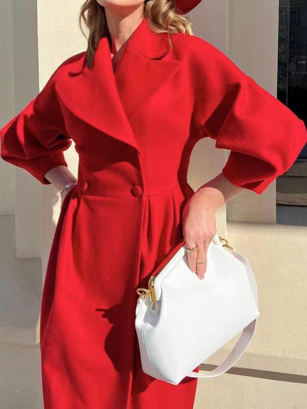 Women’s Long Statement Coat With Pleated Waist And Lantern Sleeves