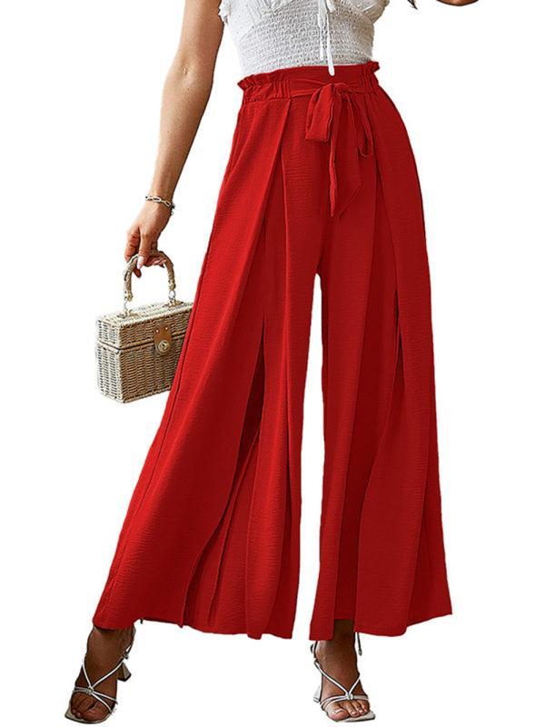 Women's Loose High Waist Pleated Wide Leg Trousers With Bow Belt