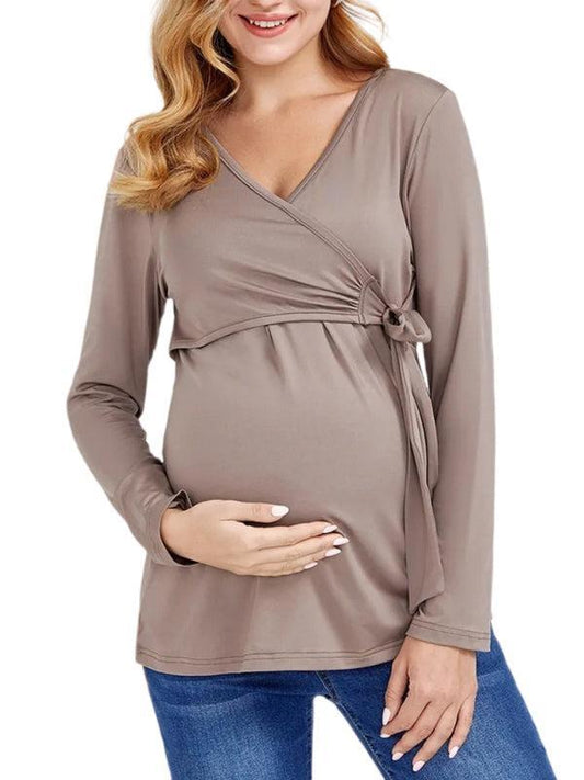 Women’s Maternity Chest Tie Wrap Top With Long Sleeves