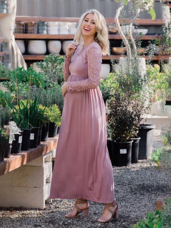 Women’s Maternity Lace Adorned Long Sleeved Maxi Dress