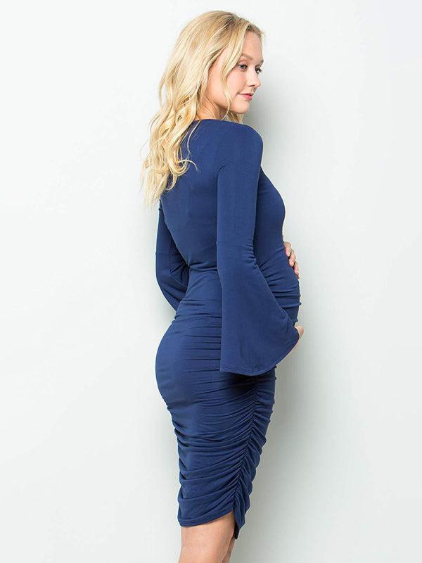 Women’s Maternity Side Ruched Midi Dress With Bell Style Sleeves