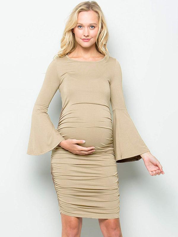 Women’s Maternity Side Ruched Midi Dress With Bell Style Sleeves