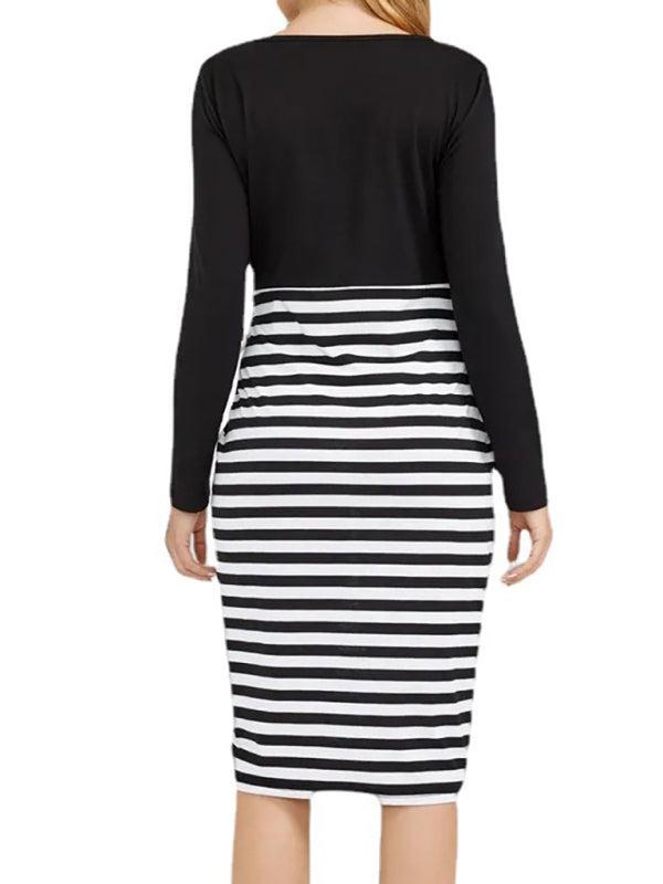 Women's Maternity Stripe Colour Contrast Long Sleeved Midi Dress