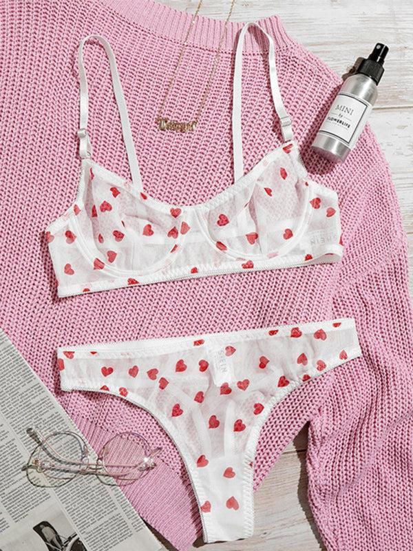 Women’s mesh heart print lingerie set – cute and sheer romantic underwear