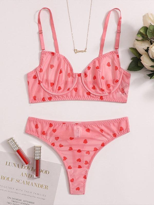 Women’s mesh heart print lingerie set – cute and sheer romantic underwear