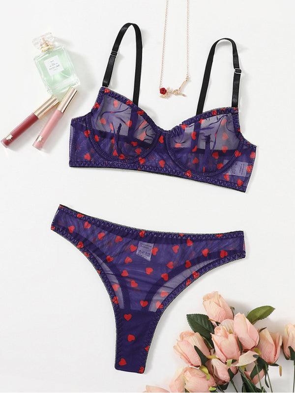 Women’s mesh heart print lingerie set – cute and sheer romantic underwear