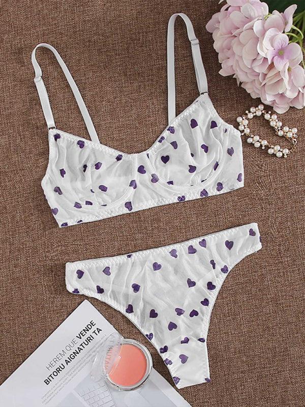 Women’s mesh heart print lingerie set – cute and sheer romantic underwear