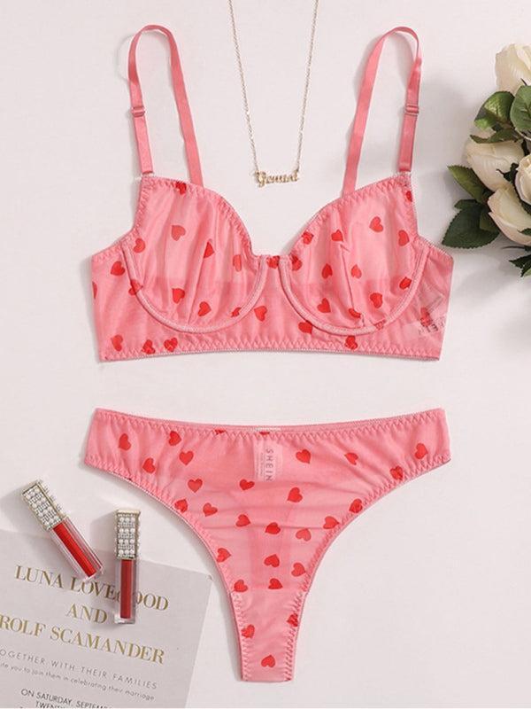 Women’s mesh heart print lingerie set – cute and sheer romantic underwear