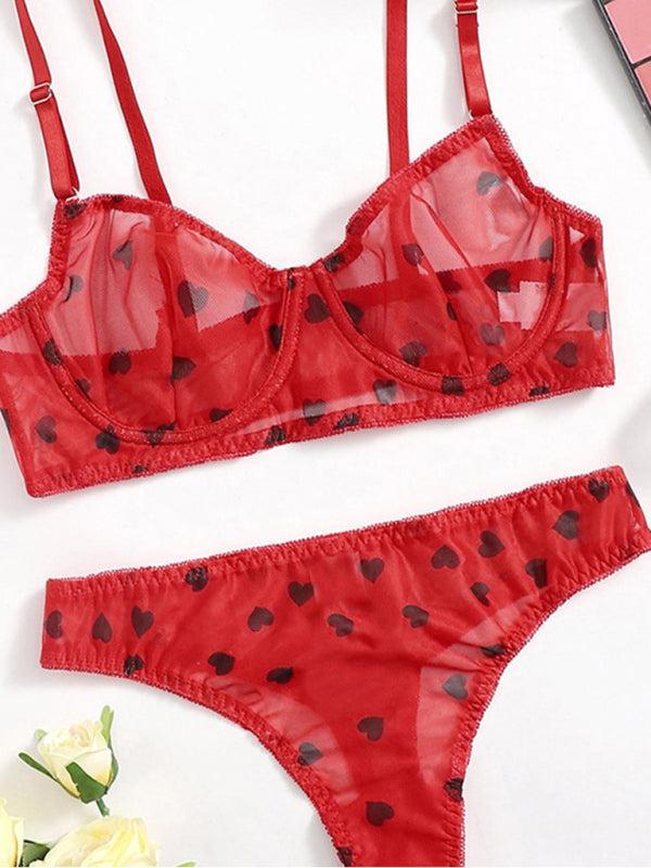 Women’s mesh heart print lingerie set – cute and sheer romantic underwear