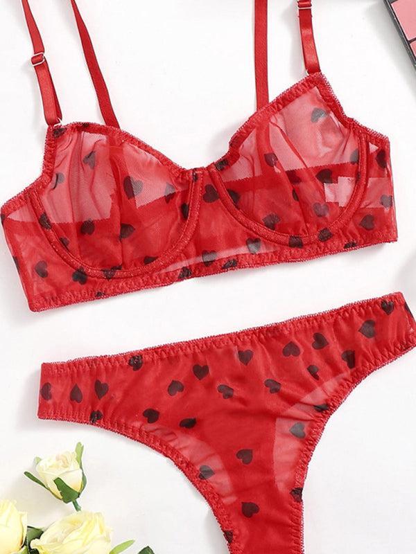 Women’s mesh heart print lingerie set – cute and sheer romantic underwear