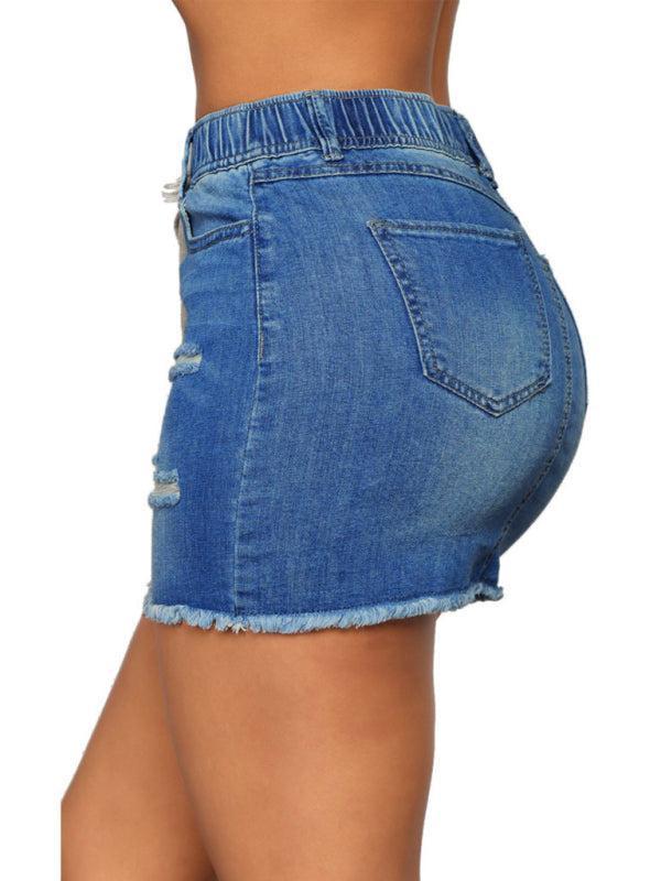 Women's Mini Denim Skirt With Elasticated Drawstring Waist