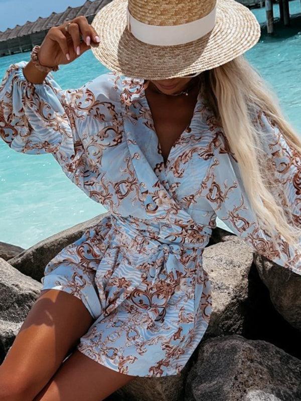 Women's Nautical Print Puff Sleeve Tie Wrap Playsuit