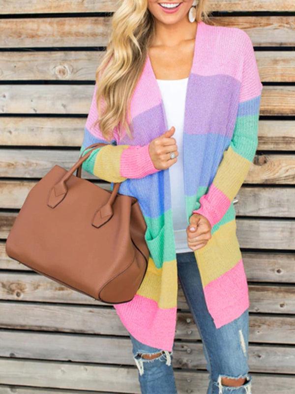 Women's Open Front Longline Cardigan With Contrast Rainbow Pattern