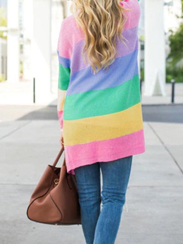 Women's Open Front Longline Cardigan With Contrast Rainbow Pattern