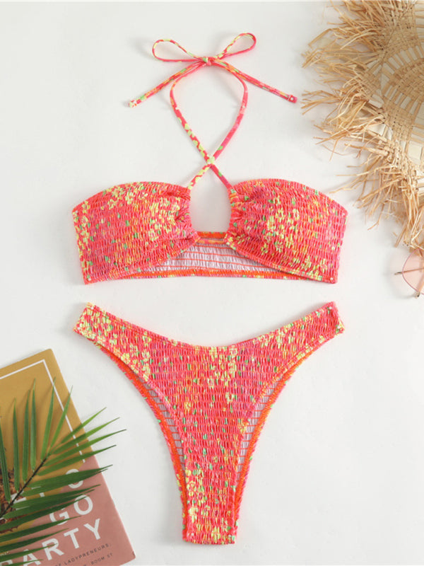 Women's Pleated Floral Print Halter Neck Bikini