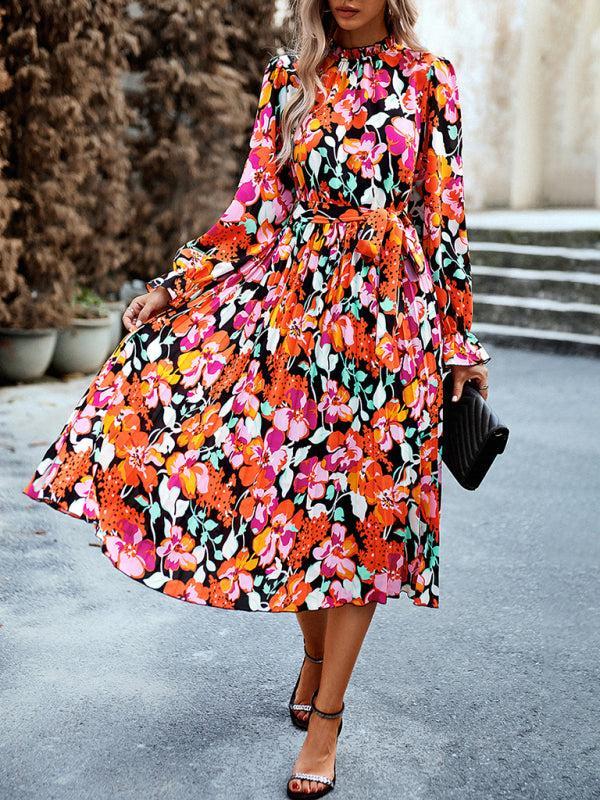 Women's Pleated Mid Length Round Neck Printed Dress With Belt