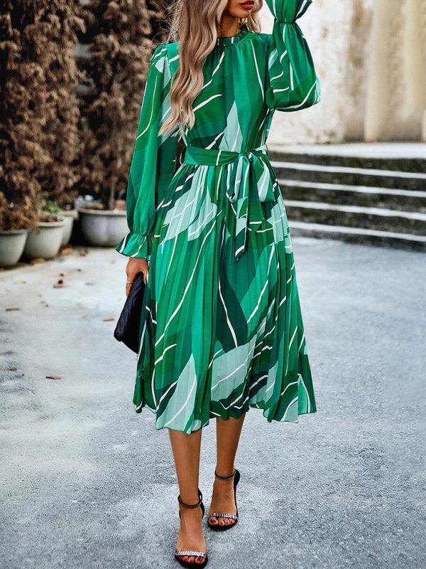 Women's Pleated Mid Length Round Neck Printed Dress With Belt