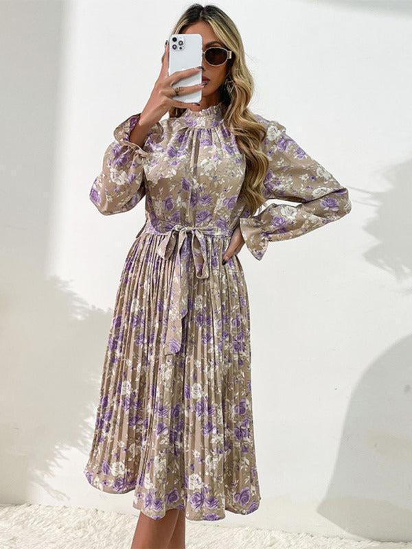 Women's Pleated Ruffle High Neck Dress