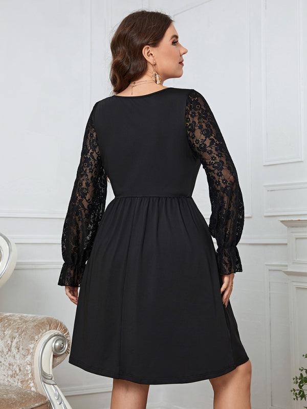 Women's Plus Size Black A Line Dress With Long Lace Sleeves