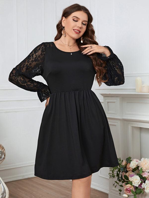 Women's Plus Size Black A Line Dress With Long Lace Sleeves