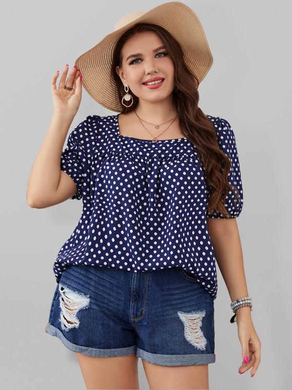 Women's Plus Size Chiffon Short Sleeve Square Neck Polka Dot Top
